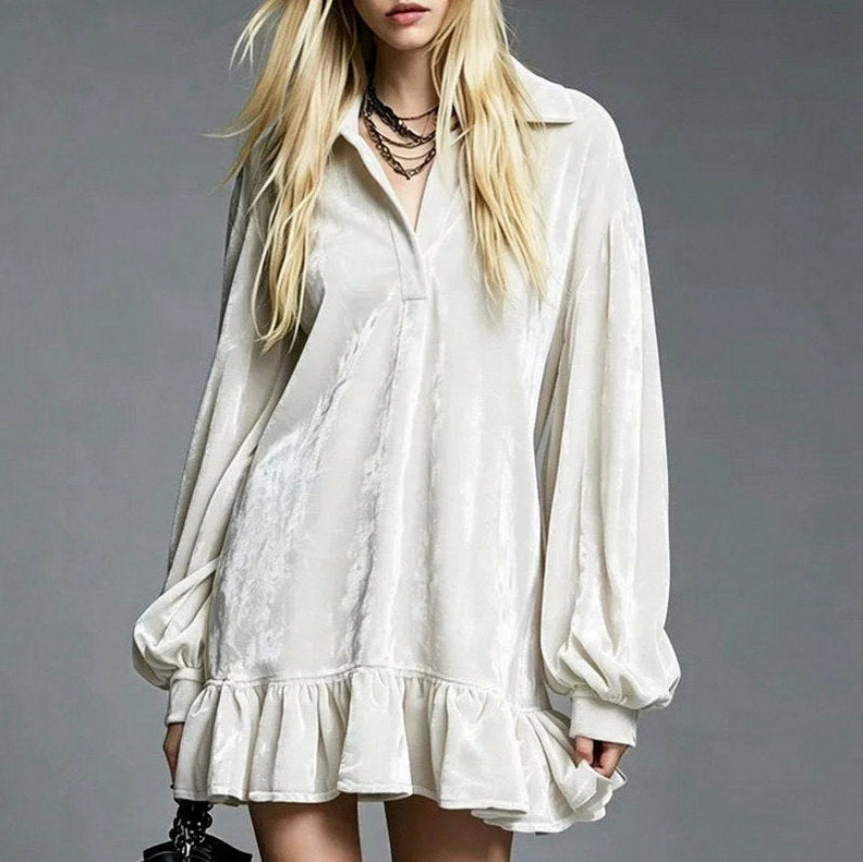 Velvet Balloon Sleeve Ruffle Mini Dress