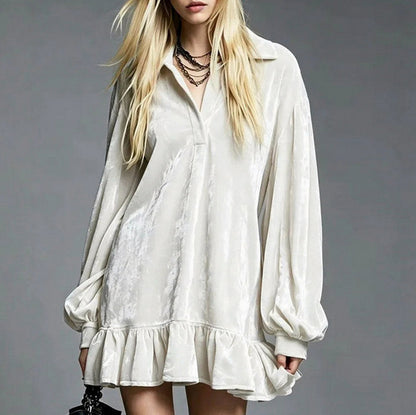Velvet Balloon Sleeve Ruffle Mini Dress