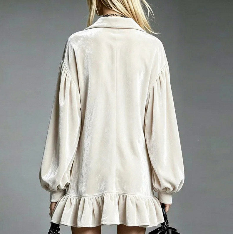 Velvet Balloon Sleeve Ruffle Mini Dress