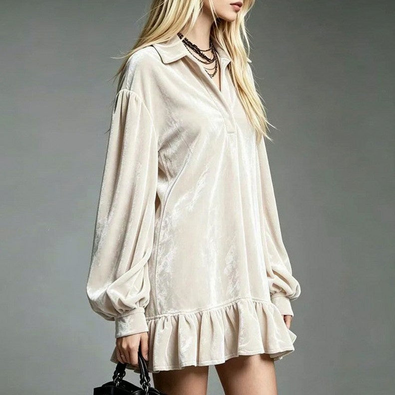 Velvet Balloon Sleeve Ruffle Mini Dress