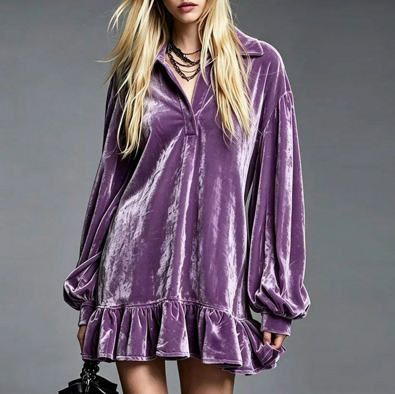Velvet Balloon Sleeve Ruffle Mini Dress