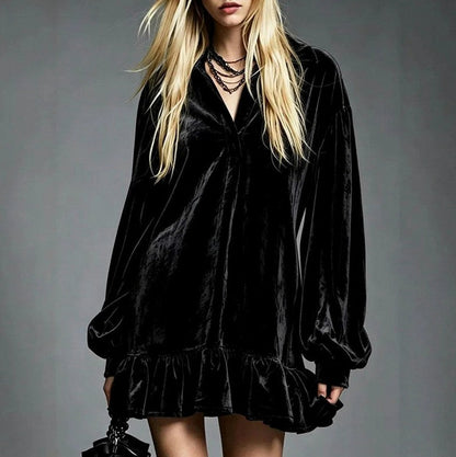 Velvet Balloon Sleeve Ruffle Mini Dress