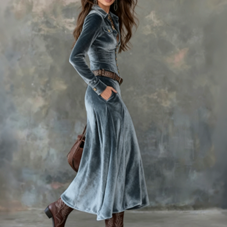 Velvet Button Front Maxi Dress