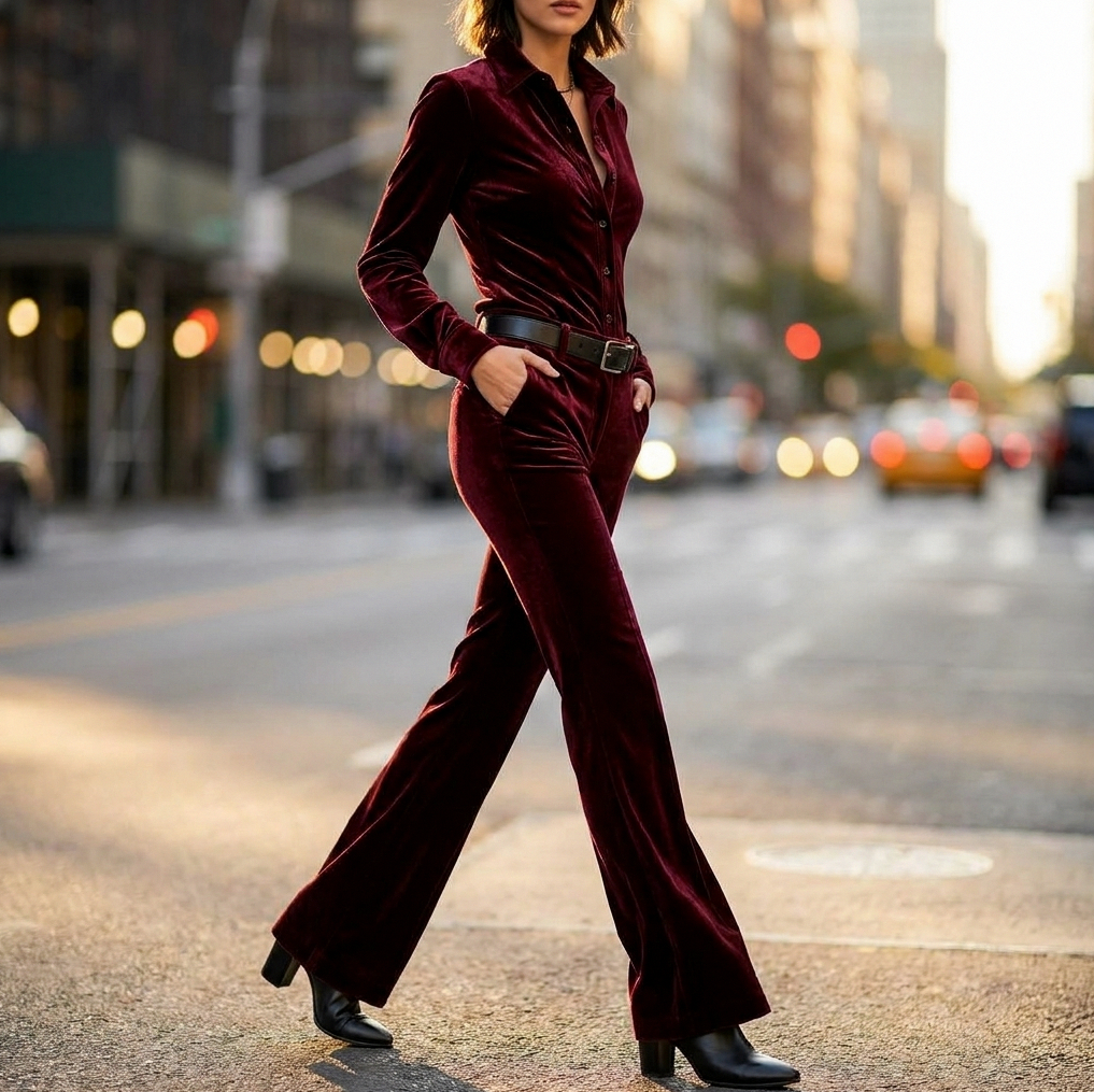 Velvet Button Front Top and Wide Leg Pants Set