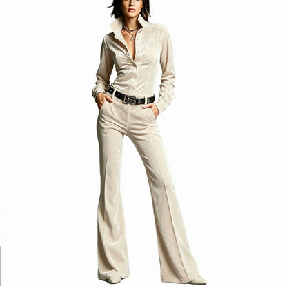 Velvet Button Front Top and Wide Leg Pants Set