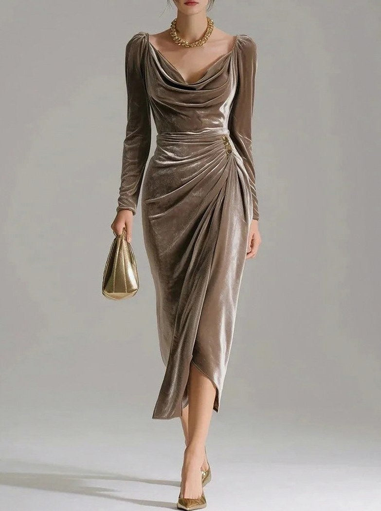 Velvet Cowl Long Sleeve Midi