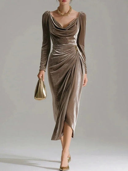 Velvet Cowl Long Sleeve Midi