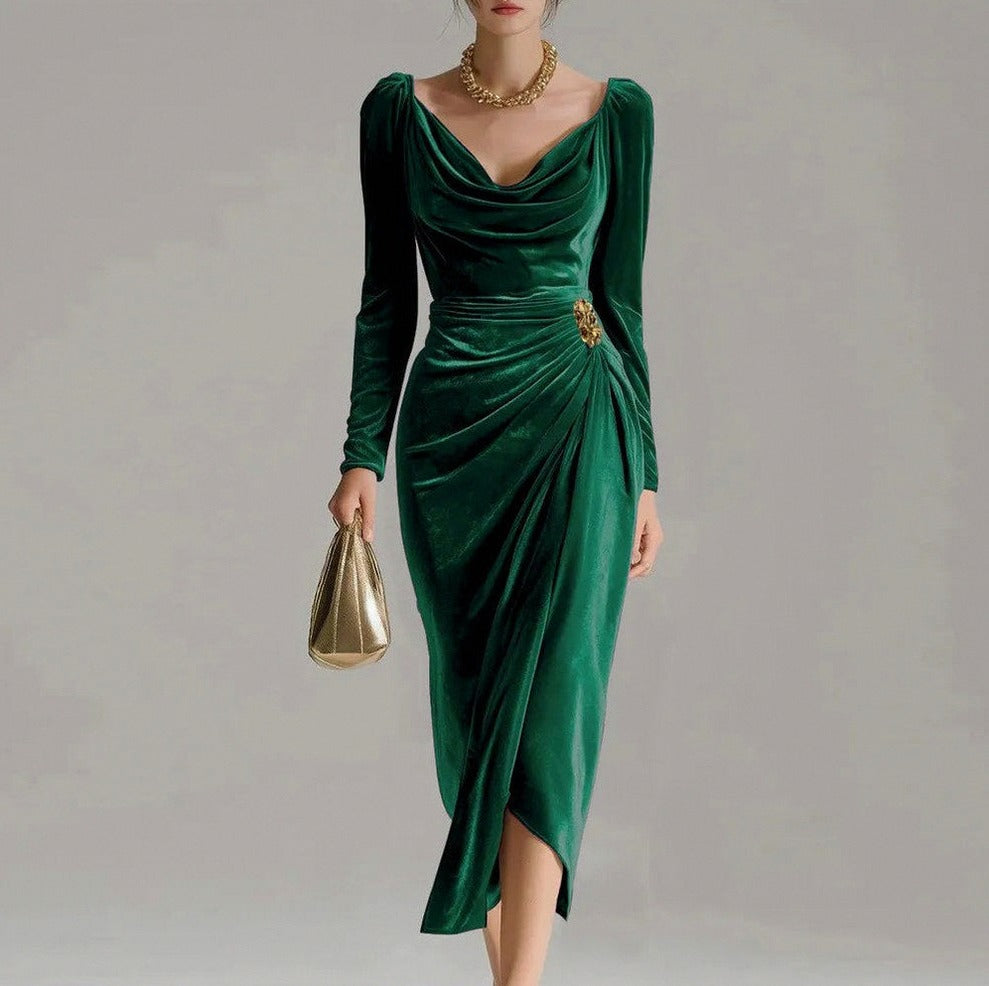 Velvet Cowl Long Sleeve Midi