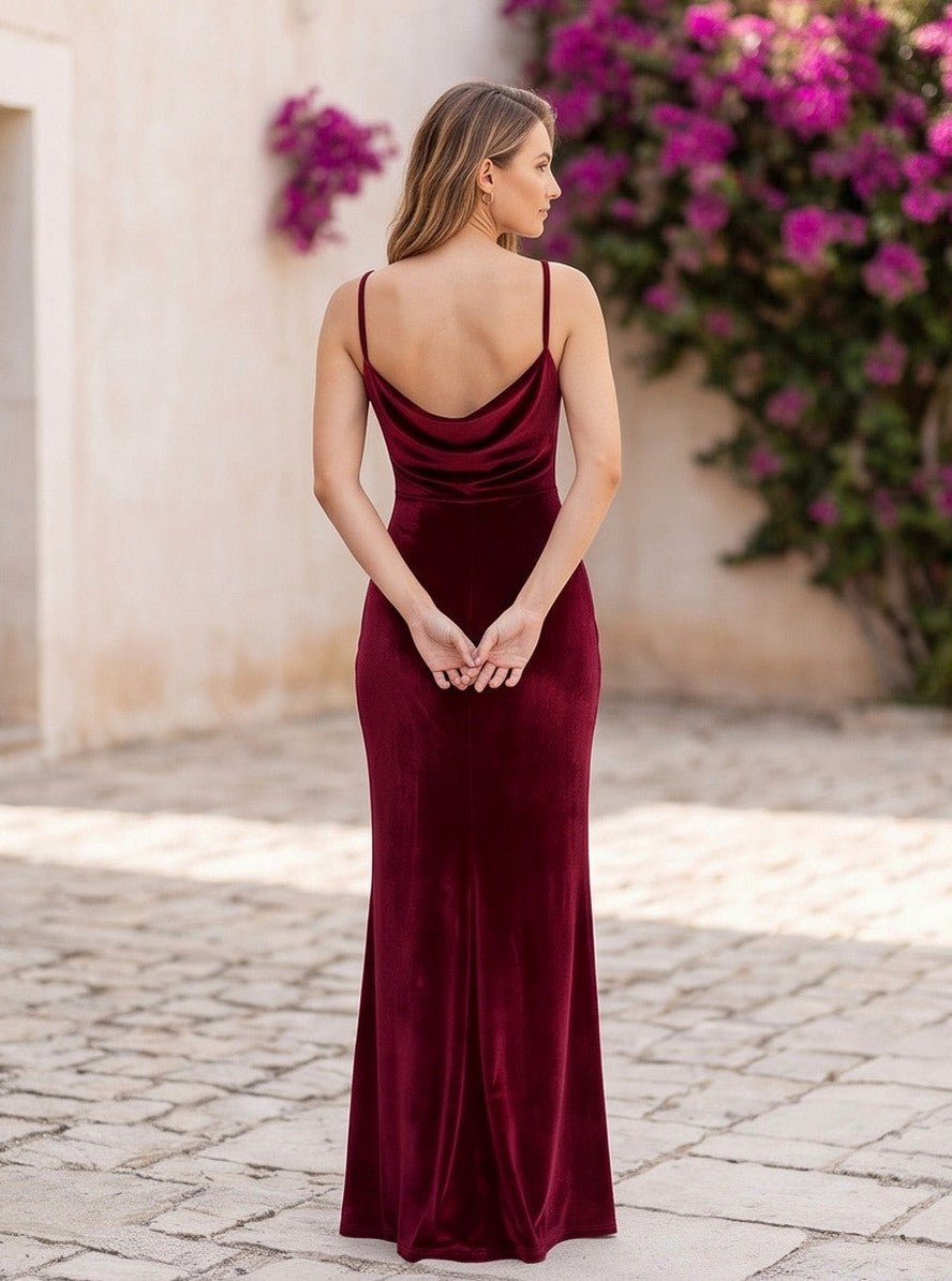 Velvet Cowl Neck Backless Maxi Dress