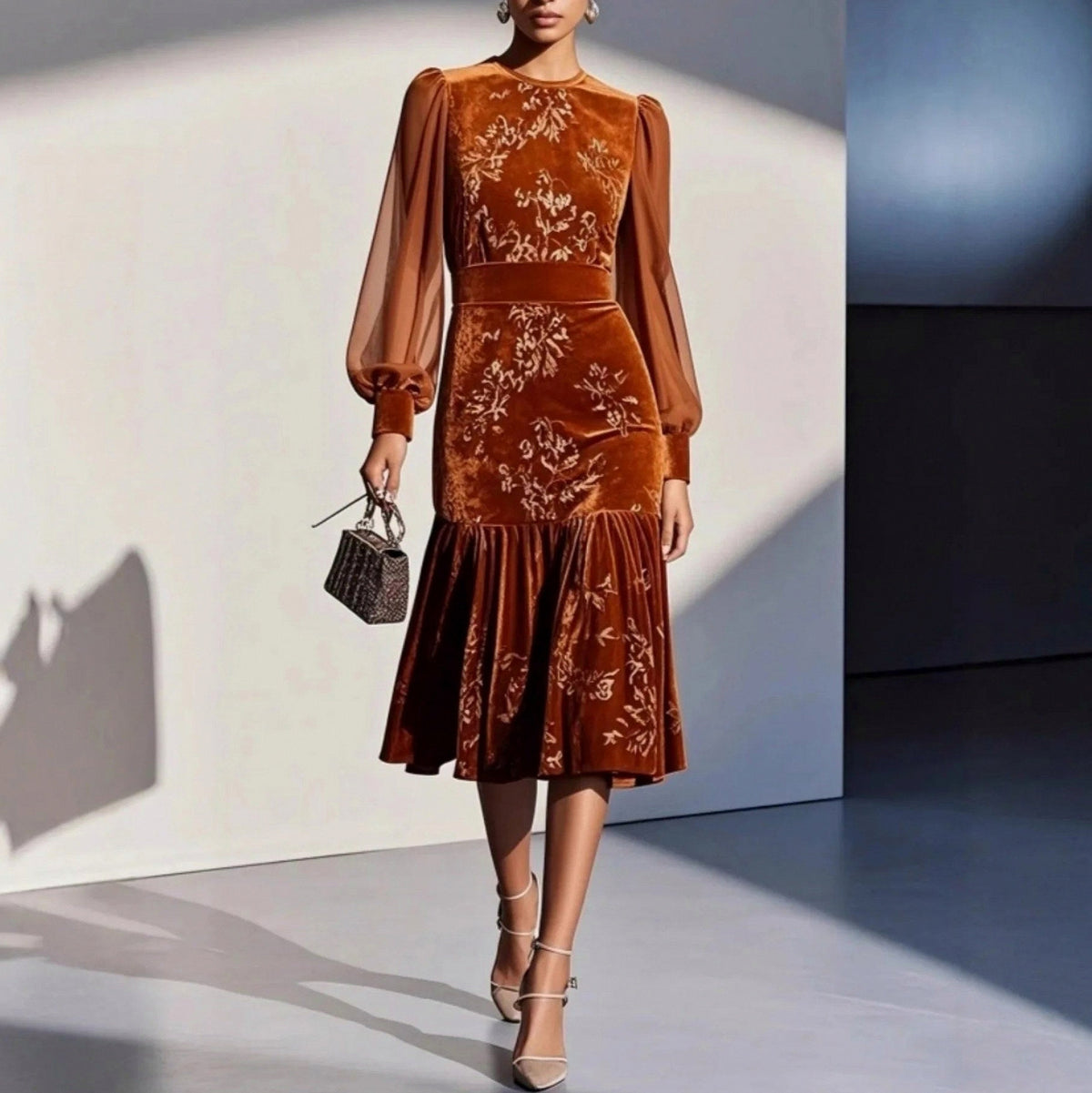 Velvet Drop Waist Midi Dress