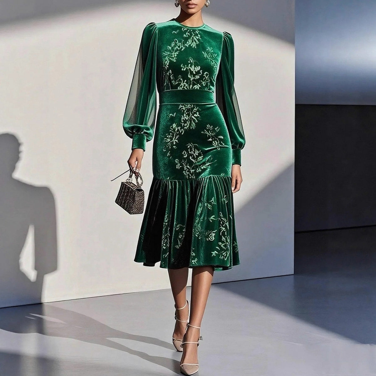 Velvet Drop Waist Midi Dress