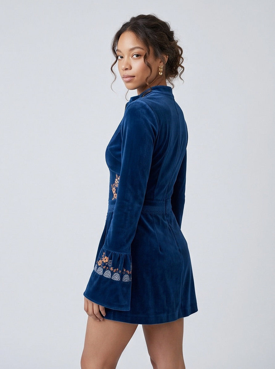 Velvet Embroidered Bell Sleeve Mini Dress
