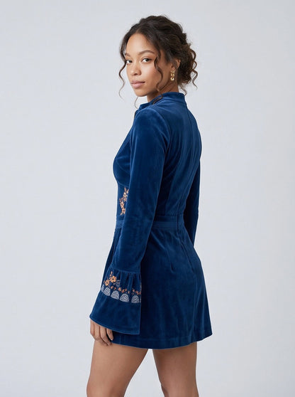 Velvet Embroidered Bell Sleeve Mini Dress