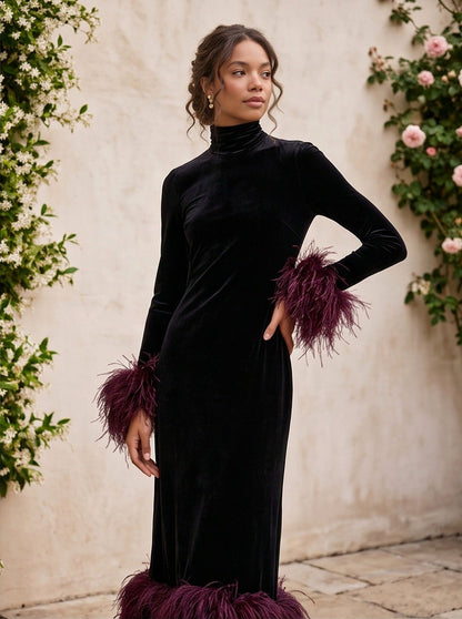 Velvet Feather Trim Midi Dress