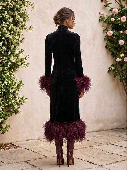 Velvet Feather Trim Midi Dress