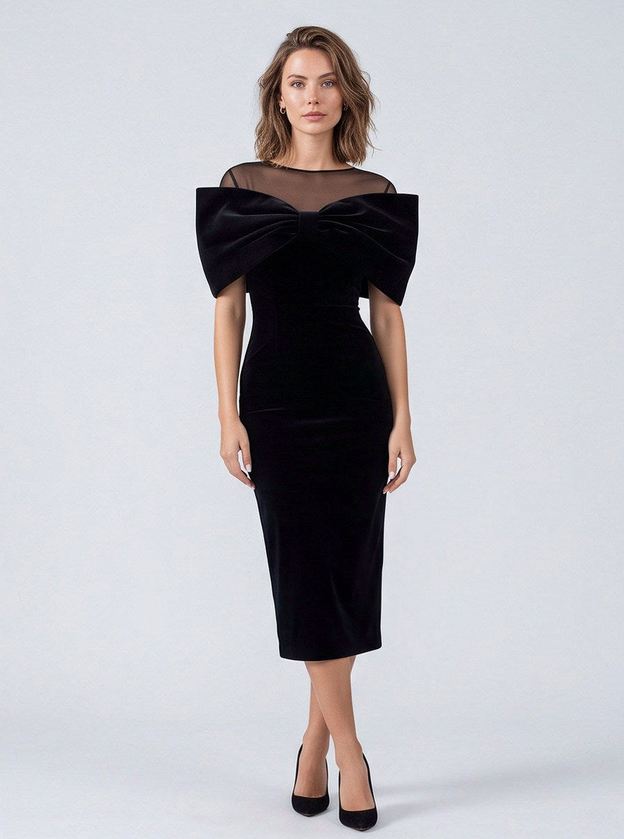 Velvet Fitted Bow Midi Dress