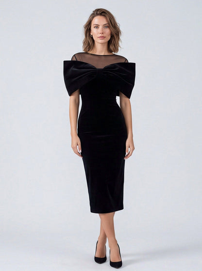 Velvet Fitted Bow Midi Dress
