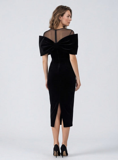 Velvet Fitted Bow Midi Dress