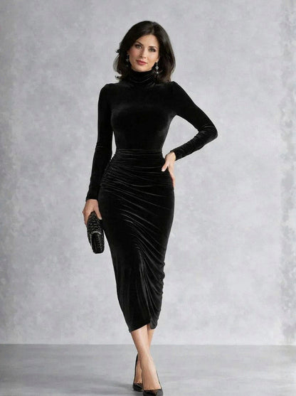 Velvet Fitted Long Sleeve Turtleneck Ruched Midi Dress