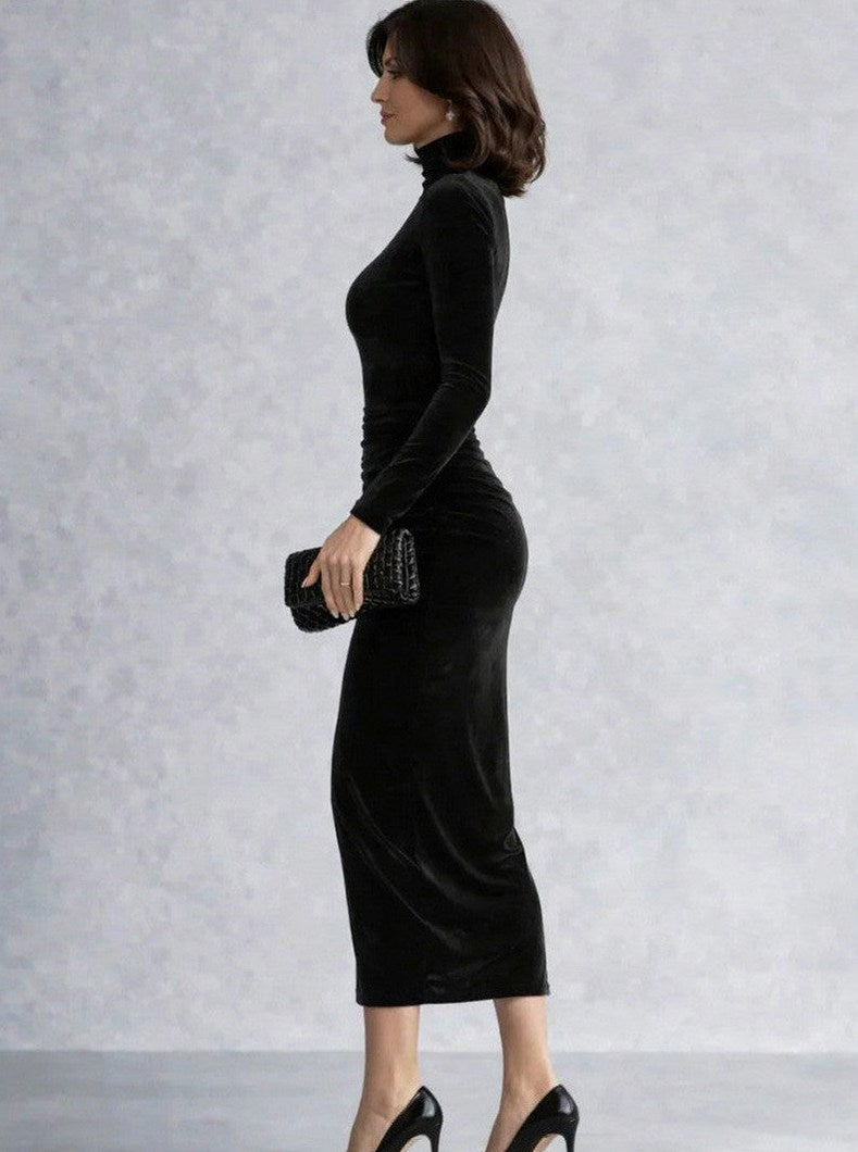 Velvet Fitted Long Sleeve Turtleneck Ruched Midi Dress