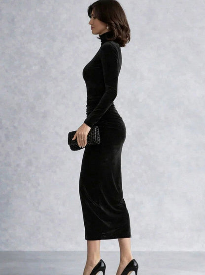Velvet Fitted Long Sleeve Turtleneck Ruched Midi Dress