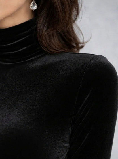 Velvet Fitted Long Sleeve Turtleneck Ruched Midi Dress