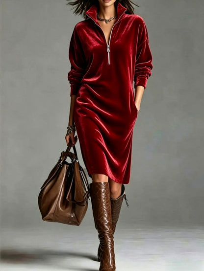 Velvet Half Zip Long Sleeve Midi Dress