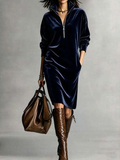 Velvet Half Zip Long Sleeve Midi Dress