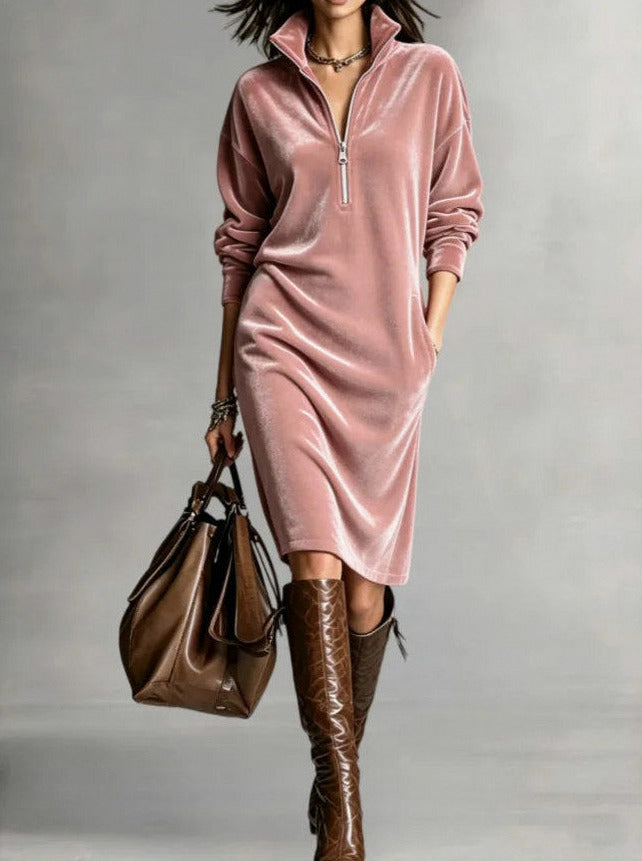 Velvet Half Zip Long Sleeve Midi Dress