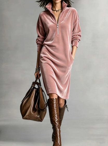 Velvet Half Zip Long Sleeve Midi Dress