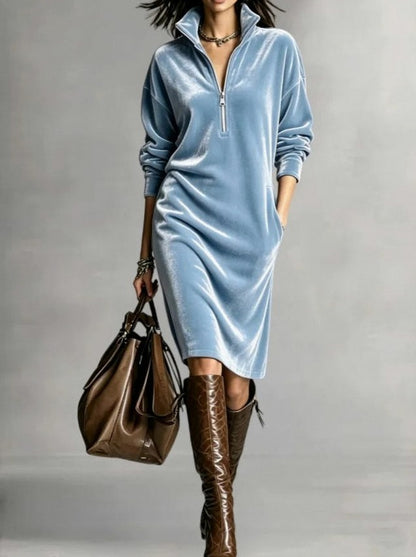 Velvet Half Zip Long Sleeve Midi Dress