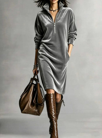 Velvet Half Zip Long Sleeve Midi Dress