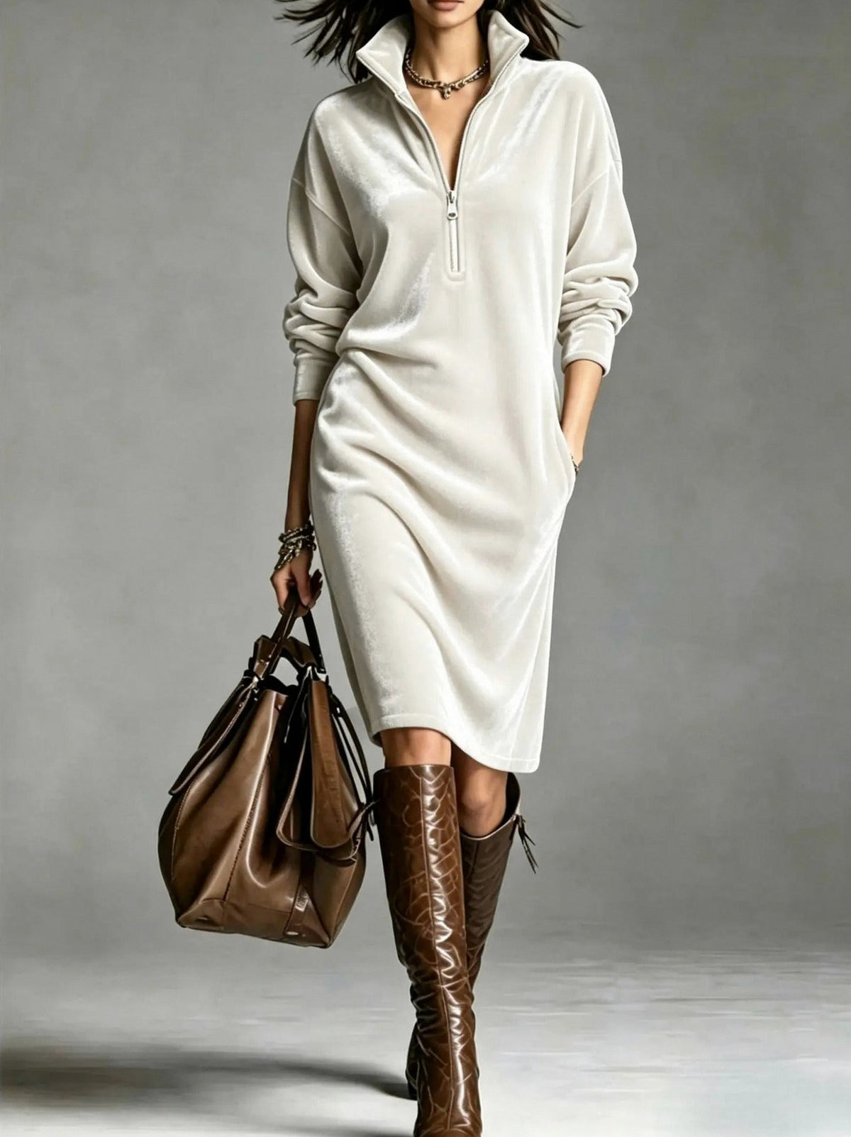Velvet Half Zip Long Sleeve Midi Dress
