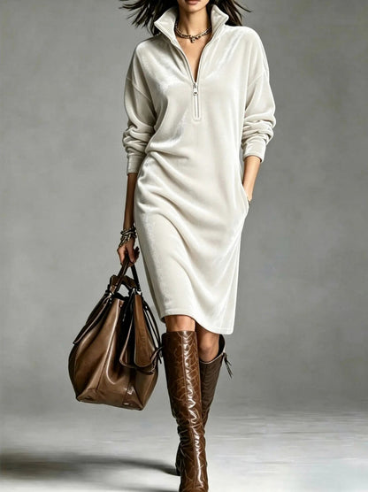 Velvet Half Zip Long Sleeve Midi Dress