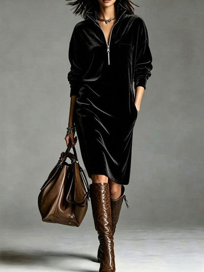 Velvet Half Zip Long Sleeve Midi Dress