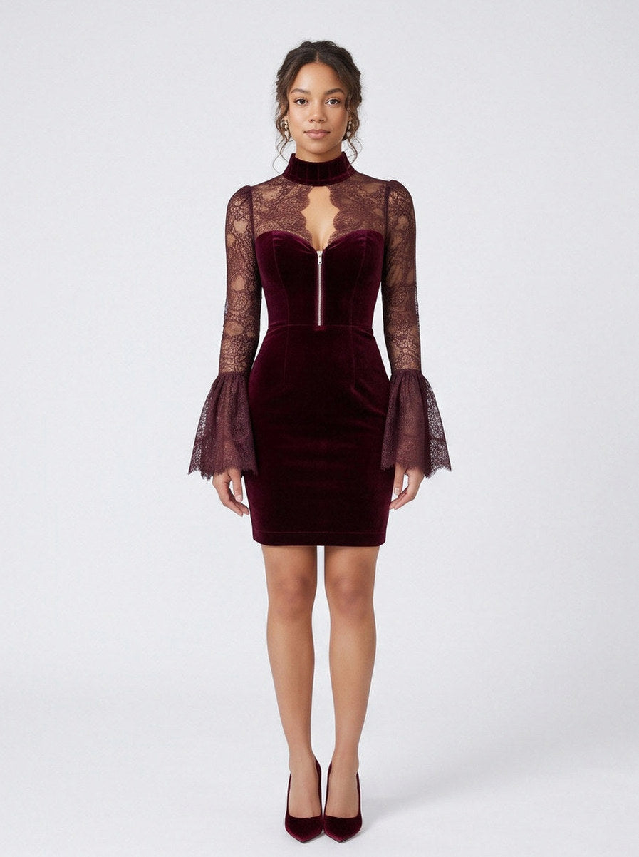 Velvet Lace Long Bell Sleeve Mini Dress
