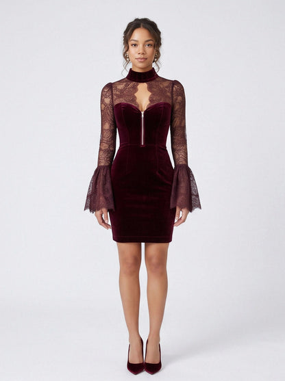 Velvet Lace Long Bell Sleeve Mini Dress