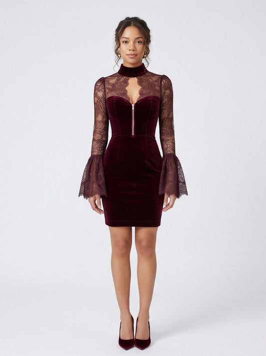 Velvet Lace Long Bell Sleeve Mini Dress