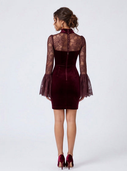 Velvet Lace Long Bell Sleeve Mini Dress