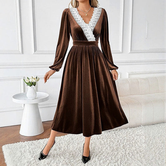 Velvet Lace Trim Long Sleeve Midi Dress