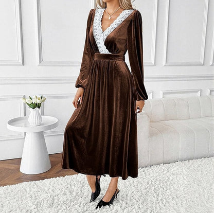 Velvet Lace Trim Long Sleeve Midi Dress