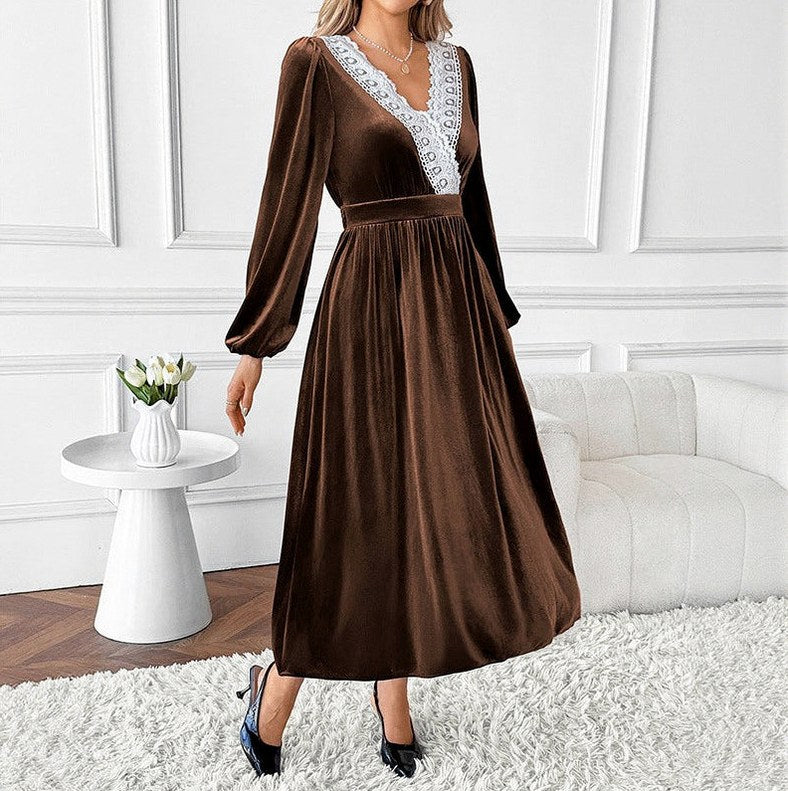 Velvet Lace Trim Long Sleeve Midi Dress