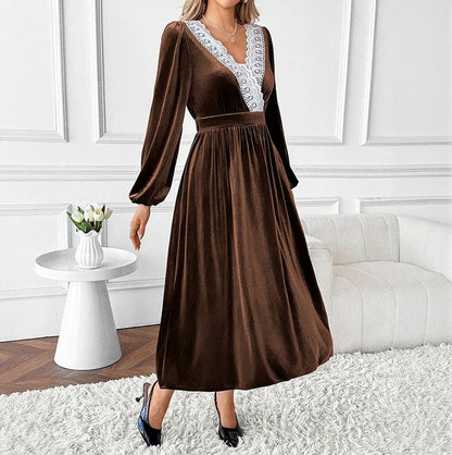 Velvet Lace Trim Long Sleeve Midi Dress
