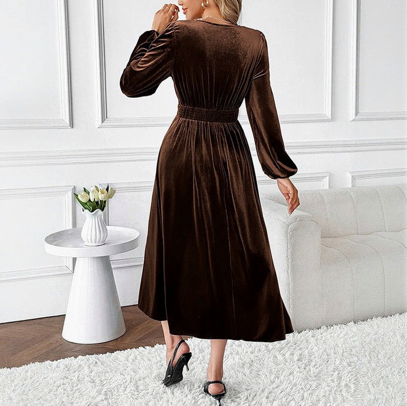 Velvet Lace Trim Long Sleeve Midi Dress