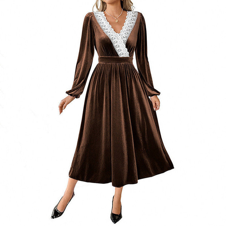 Velvet Lace Trim Long Sleeve Midi Dress