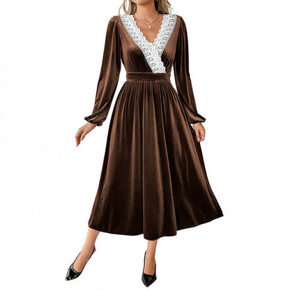 Velvet Lace Trim Long Sleeve Midi Dress