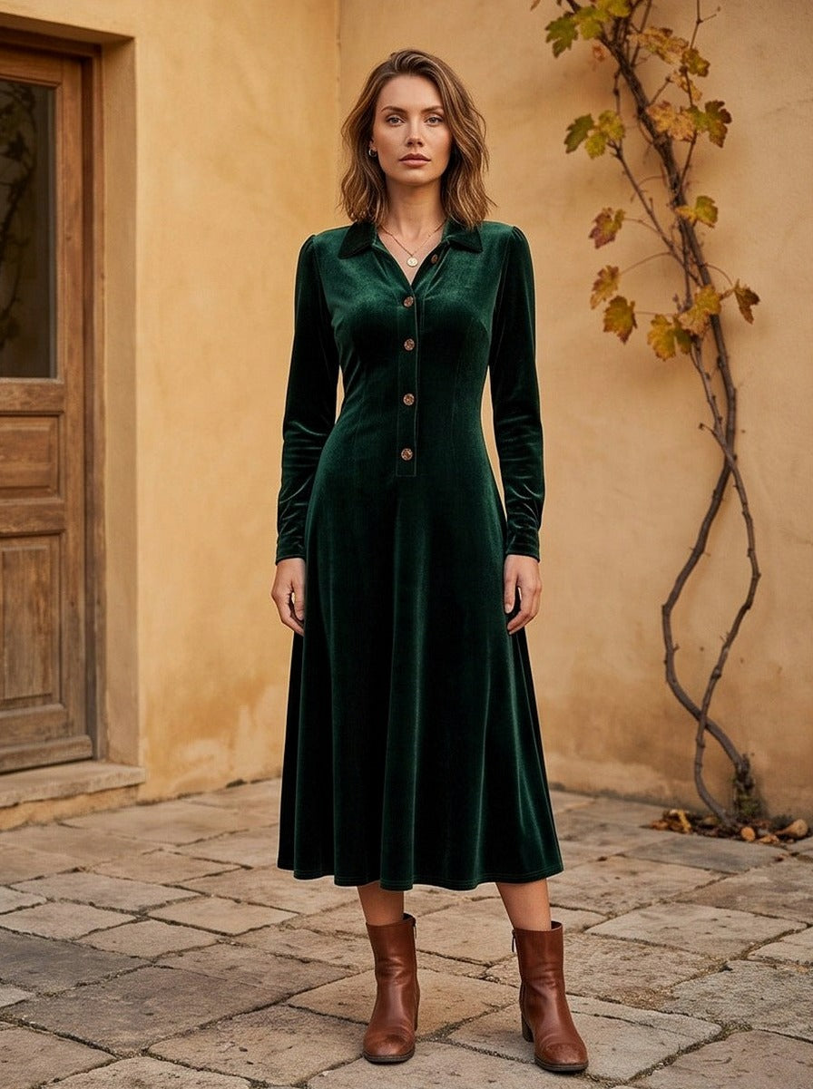 Velvet Long Sleeve Collared Button Front A-Line Midi Dress