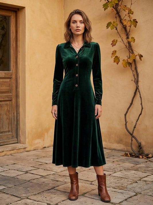 Velvet Long Sleeve Collared Button Front A-Line Midi Dress