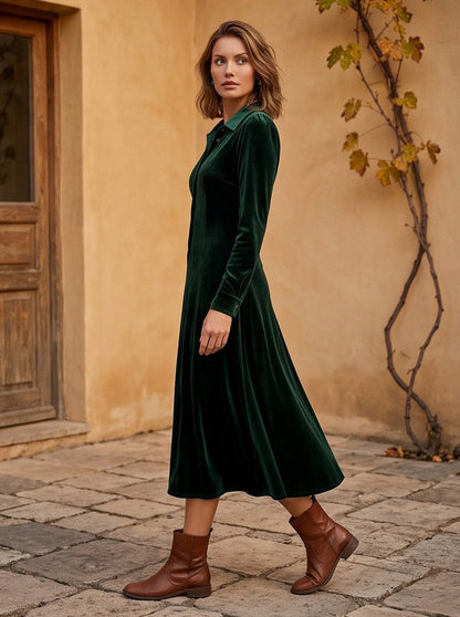 Velvet Long Sleeve Collared Button Front A-Line Midi Dress