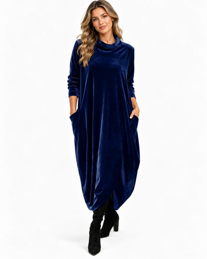 Velvet Long Sleeve Cowl Neck Modest Relaxed Draped Midi Dress